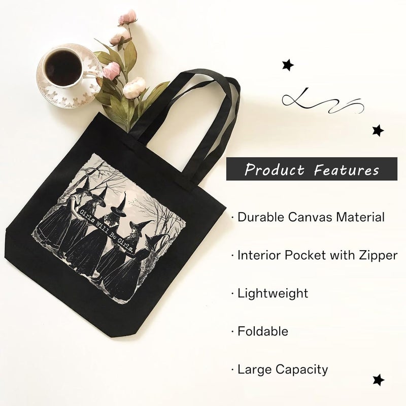 Kimoli Aesthetic Witchy Canvas Tote Bag for Women Funny Witchy Gifts for Women Cute Girls Will Be Girls Canvas Bag Spooky Reusable Beach Shoulder Grocery Casual Bag for Work Travel, Black - Image 2